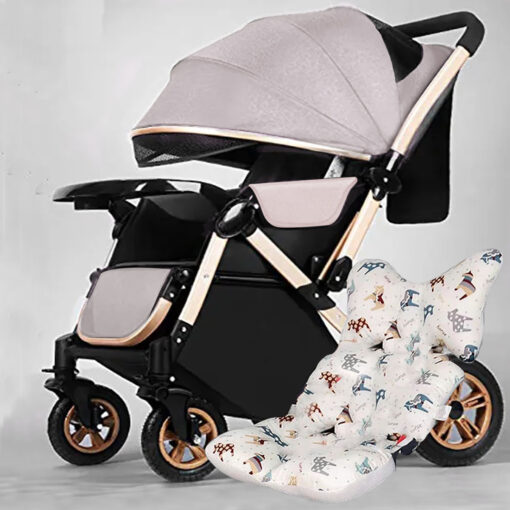 Baby Stroller Pram & Buggy, Pushchair, Multi-adjustment, Reversible Handle with Anti-Shock Rubber Wheels (Grey | With Cushion)