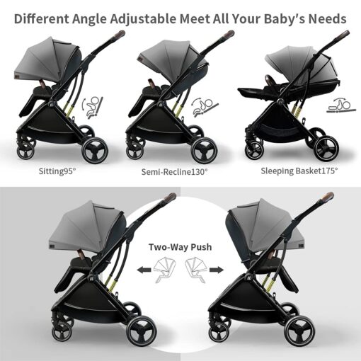[Refurbished] Coballe Baby Stroller, 2 in 1 High Landscape Convertible Reversible Bassinet Pram for Infant & Toddler, Foldable Aluminum Alloy Pushchair with Adjustable Backrest, 3D Suspension (Grey) - Image 4