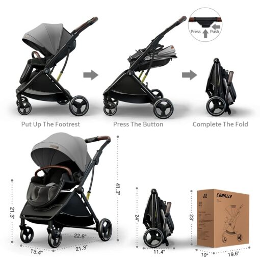 [Refurbished] Coballe Baby Stroller, 2 in 1 High Landscape Convertible Reversible Bassinet Pram for Infant & Toddler, Foldable Aluminum Alloy Pushchair with Adjustable Backrest, 3D Suspension (Grey) - Image 3