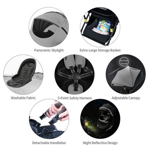 [Refurbished] Coballe Baby Stroller, 2 in 1 High Landscape Convertible Reversible Bassinet Pram for Infant & Toddler, Foldable Aluminum Alloy Pushchair with Adjustable Backrest, 3D Suspension (Grey) - Image 5