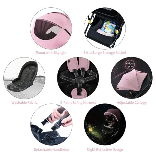StarAndDaisy Baby Stroller with Adjustable Backrest, 3D Suspension - Pink - Image 4