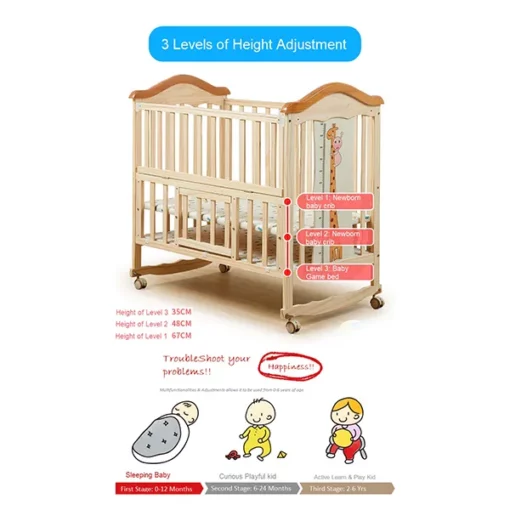 StarAndDaisy WD03 Kids Bed Wooden cot crib for 0-4 Years with guardrail, Load Bearing <60 kg (Newborn Baby cot 120cmX60cm) with Soft Mattress set & Mosquito net - Image 2
