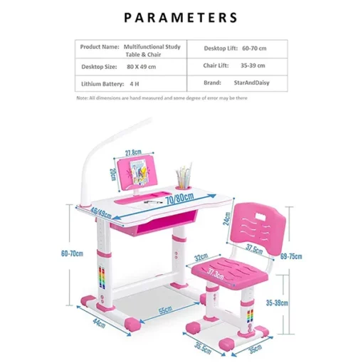 A80 Adjustable Height, Multi-Functional Kids Study Table with Book Holder, Drawer, Extra Large tiltable Desktop with an Option of LED Light (Pink with LED) - Image 2