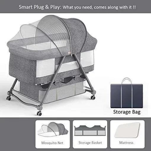 [Refurbished] StarAndDaisy Manual D01 Baby cot Crib Newborn Baby Bassinet with Cradle, Wheel, Mosquito net and Bedding Set (Grey) - Image 2