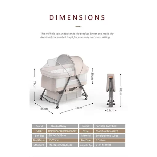 [Refurbished] StarAndDaisy Manual D01 Baby cot Crib Newborn Baby Bassinet with Cradle, Wheel, Mosquito net and Bedding Set (Grey) - Image 3