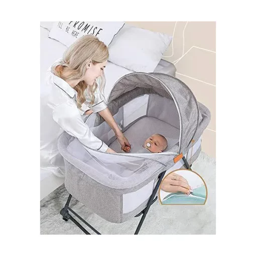 [Refurbished] StarAndDaisy Manual D01 Baby cot Crib Newborn Baby Bassinet with Cradle, Wheel, Mosquito net and Bedding Set (Grey) - Image 6