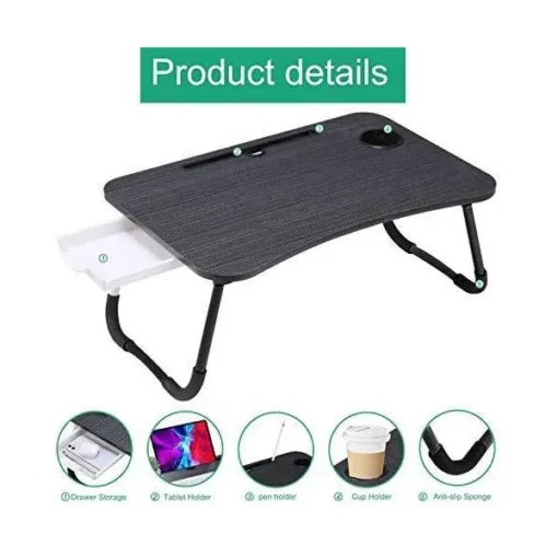 SND Homes Multi-Purpose Foldable Laptop Bed Table With Storage Drawer/Cup Holder Slot And  Notebook Holder (Black) - Image 2