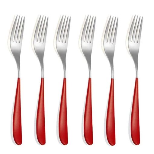 SND Homes Delicacy Cutlery for Fine Dining, Made of SUS 304 Glossy Silver Finish Spoon/ Forks/ Knives (Set of 6 Silver Red Fork)
