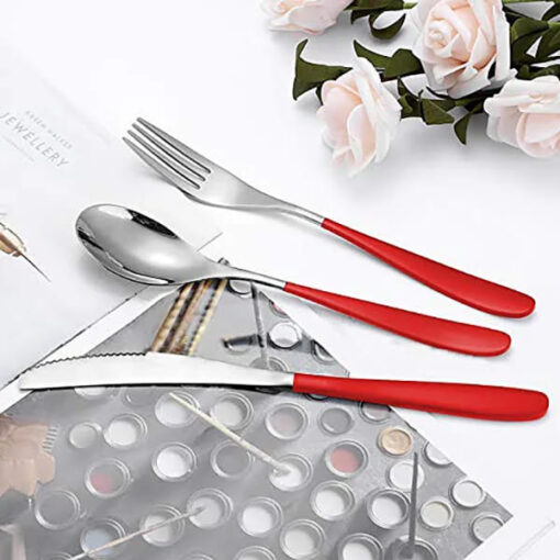 SND Homes Delicacy Cutlery for Fine Dining, Made of SUS 304 Glossy Silver Finish Spoon/ Forks/ Knives (Set of 6 Silver Red Knives) - Image 2