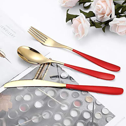 SND Homes Efficacy Fine Dining Cutlery, Made Of SUS 304, Spoon/Forks/Knives (6 X Red Gold Knives, Spoons, Forks (Total 18 Pcs)) - Image 3