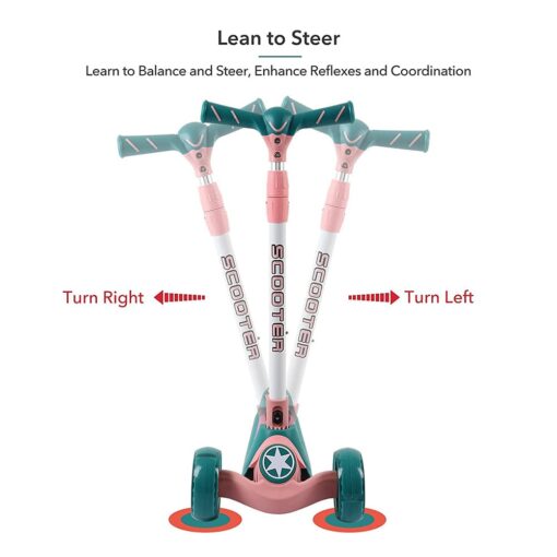 [Refurbished] StarAndDaisy Glider Toddler Scooter for Kids Ages 3-12 Years Old Boy Girl with 3 Wheel LED Lights, Extra-Wide Childrens Foldable Kick Scooter Kids Ages 3-12 with 4 Adjustable Height and Lean-to-Steer (PINK GREEN) - Image 3