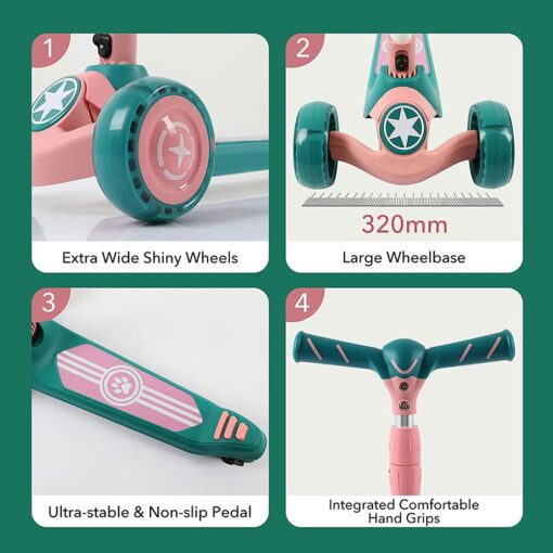 [Refurbished] StarAndDaisy Glider Toddler Scooter for Kids Ages 3-12 Years Old Boy Girl with 3 Wheel LED Lights, Extra-Wide Childrens Foldable Kick Scooter Kids Ages 3-12 with 4 Adjustable Height and Lean-to-Steer (PINK GREEN) - Image 5
