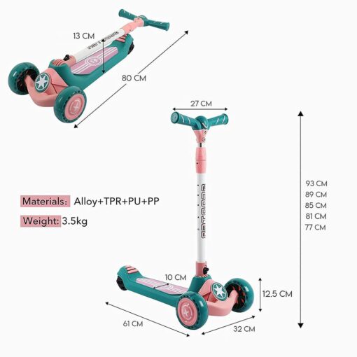 [Refurbished] StarAndDaisy Glider Toddler Scooter for Kids Ages 3-12 Years Old Boy Girl with 3 Wheel LED Lights, Extra-Wide Childrens Foldable Kick Scooter Kids Ages 3-12 with 4 Adjustable Height and Lean-to-Steer (PINK GREEN) - Image 6