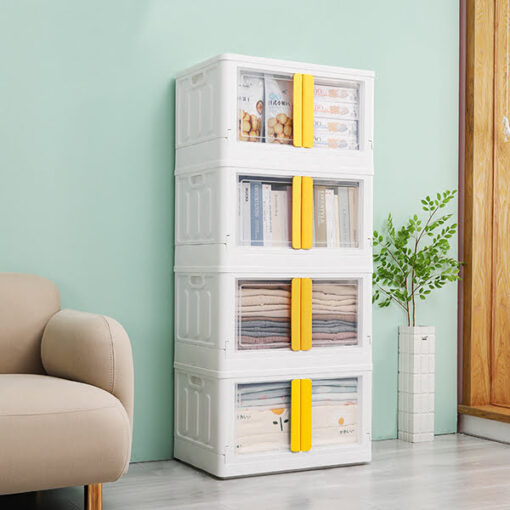 StarAndDaisy Foldable Toys Storage Box *No Assembly Needed* Clear Plastic Stackable Kids wardrobe organizer cupboard cabinet, Double door front opening (4 stackable cuboids | 72 Lt)