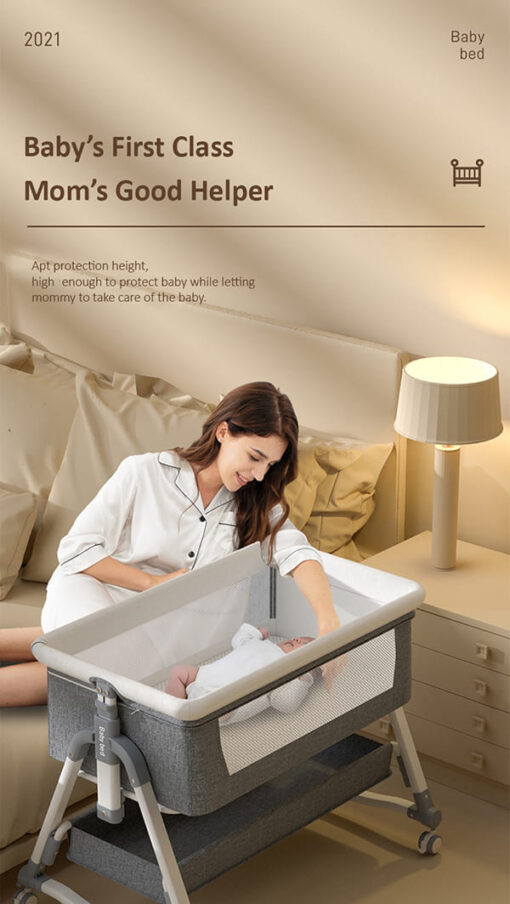 [Refurbished] StarAndDaisy Pluto Luxury Baby Crib with Height Adjustment and Next to bed Setup - With Soft Foam Mattress ,Storage basket Mosquito Net and Carry Bag (Brown) - Image 8