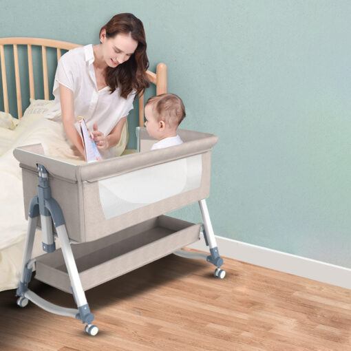 [Refurbished] StarAndDaisy Pluto Luxury Baby Crib with Height Adjustment and Next to bed Setup - With Soft Foam Mattress ,Storage basket Mosquito Net and Carry Bag (Brown) - Image 3