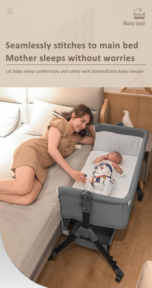 [Refurbished] StarAndDaisy 3 in 1 Baby Crib Cradle for baby/infants with Height Adjustments, Breathable Net, Adjustable Portable Crib for Infant/Baby with Detachable Mosquito net, Storage Basket, – (Basic) Grey - Image 5