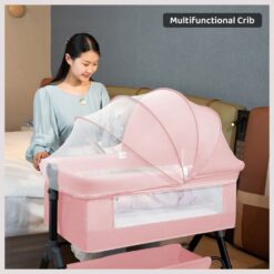 StarAndDaisy 3 in 1 Baby Crib Cradle for baby/infants with Height Adjustments Breathable Net, Adjustable Portable Crib for Infant/Baby with Detachable Mosquito net, Storage Basket, - (Basic) Pink