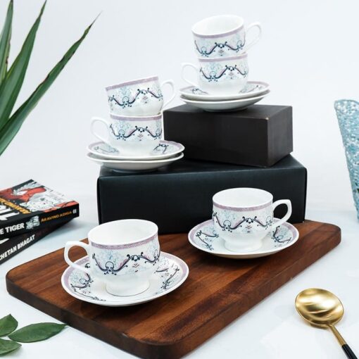SND Homes Pack of 6 Bone China Cup & Saucer Set of 6 - Carpet Series (White) - Image 2