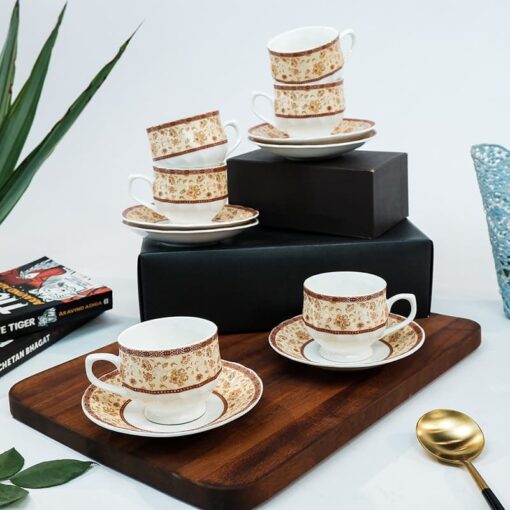 SND Homes Pack of 6 Bone China Cup & Saucer Set of 6 - Carpet Series (White) - Image 2
