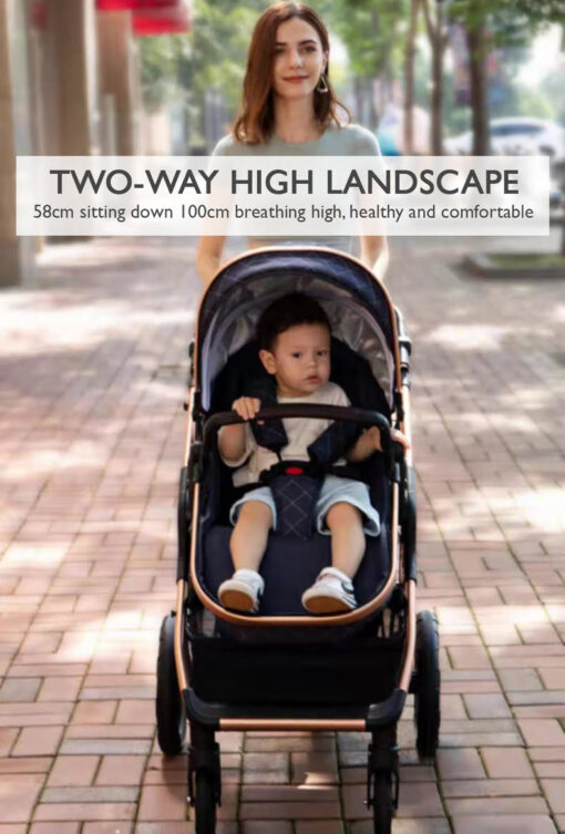 StarAndDaisy 2-in-1 EasyGo Travel Friendly Luxury Baby Stroller Pram Buggy Pushchair For Baby with Extraordinary Features, Sleeping Baby Stroller bassinet mode, Sit-stand Mode (High Landscape Seat, one-push folding, Powerful Shock Absorption Wheels, Convertible Bassinet Design (Blue Triple Layer cotton Fabric with Gold Tubes | With Cushion) - Image 12