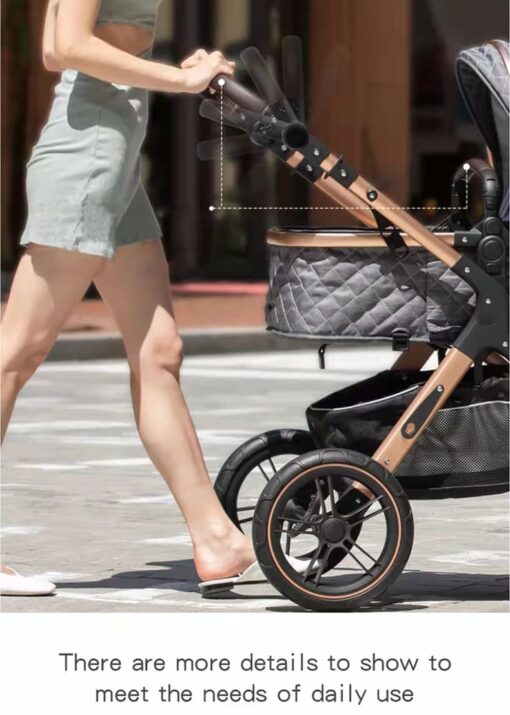 StarAndDaisy 2-in-1 EasyGo Travel Friendly Luxury Baby Stroller Pram Buggy Pushchair For Baby with Extraordinary Features, Sleeping Baby Stroller bassinet mode, Sit-stand Mode (High Landscape Seat, one-push folding, Powerful Shock Absorption Wheels, Convertible Bassinet Design (Blue Triple Layer cotton Fabric with Gold Tubes | With Cushion) - Image 6