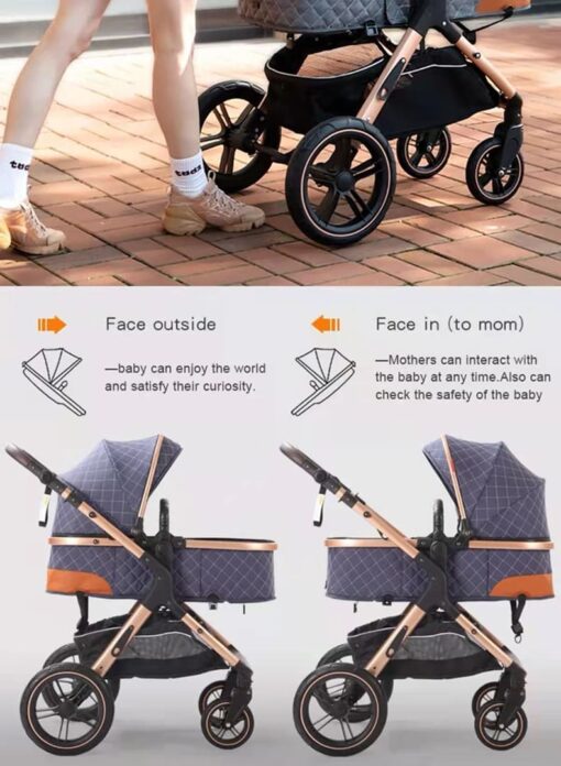 StarAndDaisy 2-in-1 EasyGo Travel Friendly Luxury Baby Stroller Pram Buggy Pushchair For Baby with Extraordinary Features, Sleeping Baby Stroller bassinet mode, Sit-stand Mode (High Landscape Seat, one-push folding, Powerful Shock Absorption Wheels, Convertible Bassinet Design (Blue Triple Layer cotton Fabric with Gold Tubes | With Cushion) - Image 10