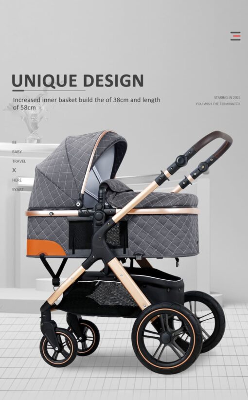 StarAndDaisy 2-in-1 EasyGo Travel Friendly Luxury Baby Stroller Pram Buggy Pushchair For Baby with Extraordinary Features, Sleeping Baby Stroller bassinet mode, Sit-stand Mode (High Landscape Seat, one-push folding, Powerful Shock Absorption Wheels, Convertible Bassinet Design (Blue Triple Layer cotton Fabric with Gold Tubes | With Cushion) - Image 11