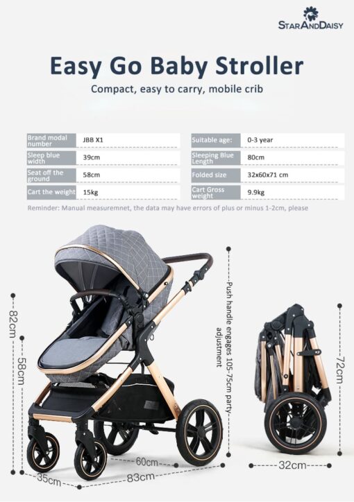 StarAndDaisy 2-in-1 EasyGo Travel Friendly Luxury Baby Stroller Pram Buggy Pushchair For Baby with Extraordinary Features, Sleeping Baby Stroller bassinet mode, Sit-stand Mode (High Landscape Seat, one-push folding, Powerful Shock Absorption Wheels, Convertible Bassinet Design (Blue Triple Layer cotton Fabric with Gold Tubes | With Cushion) - Image 14