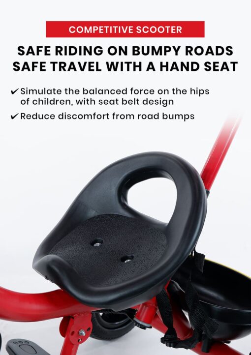 StarAndDaisy Wonder Kids Tricycle with Parental Handle & Dual Storage Basket, Cushion Seat Belt, Foldable Footrest - Red - Image 9
