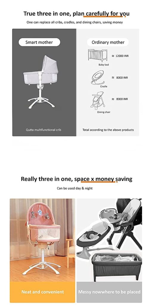 StarAndDaisy 3-in-1 Baby Cradle, Baby Swing, Baby Crib, Baby High Chair with Bedding Set and Mosquito Net , Newborn to 18 Months (Qatta - Grey) - Image 3