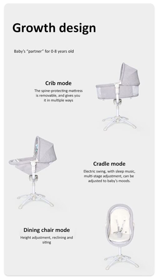 StarAndDaisy 3-in-1 Baby Cradle, Baby Swing, Baby Crib, Baby High Chair with Bedding Set and Mosquito Net , Newborn to 18 Months (Qatta - Grey) - Image 2