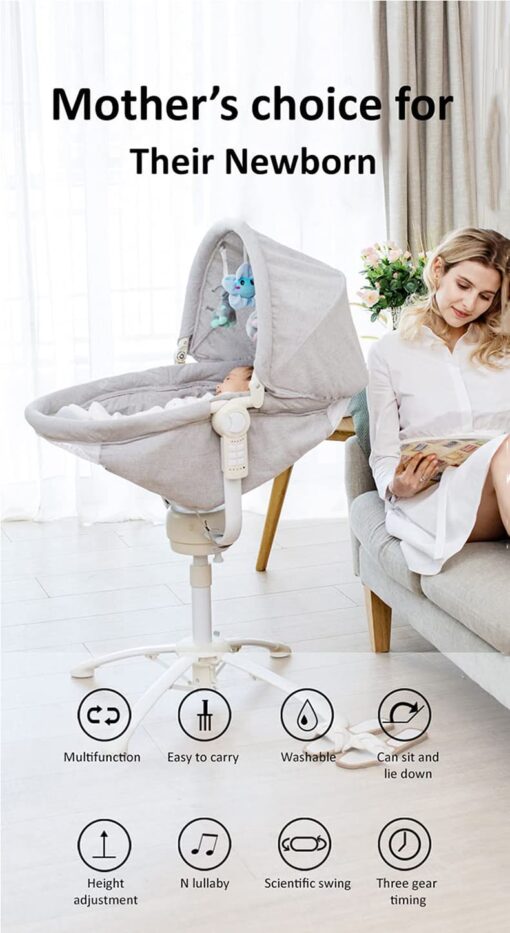 StarAndDaisy 3-in-1 Baby Cradle, Baby Swing, Baby Crib, Baby High Chair with Bedding Set and Mosquito Net , Newborn to 18 Months (Qatta - Grey) - Image 9