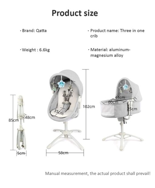 StarAndDaisy 3-in-1 Baby Cradle, Baby Swing, Baby Crib, Baby High Chair with Bedding Set and Mosquito Net , Newborn to 18 Months (Qatta - Grey) - Image 7
