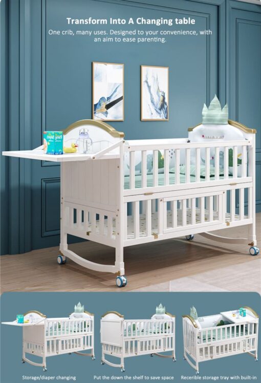 StarAndDaisy Baby Crib Cot / 12 in 1 Baby Bed Convertible Wooden Baby Cot with Mattress, Bumper Set, Mosquito Net & Adjustable Stand (Premium White | With Mattress & Bumper Set) - Image 5
