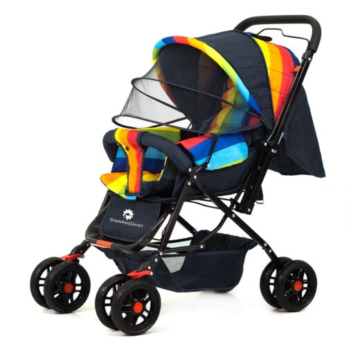 StarAndDaisy Sunrise Baby Stroller and Pram with Extended Mosquito Net and Ultra Soft Cushions & Reversible Handlebar (Rainbow Print)