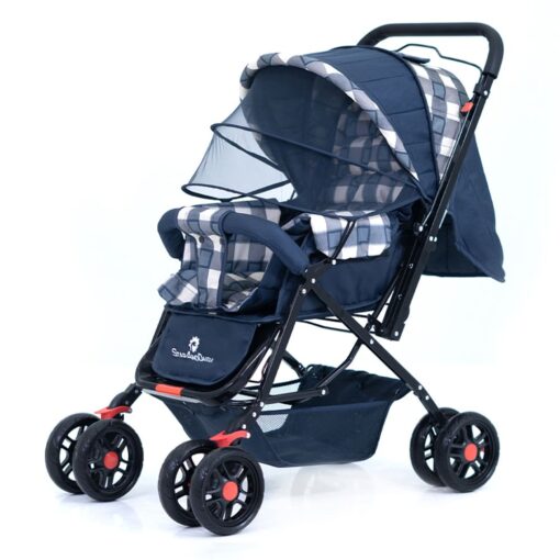 StarAndDaisy Sunrise Baby Stroller and Pram with Extended Mosquito Net and Ultra Soft Cushions & Reversible Handlebar (White Checks Print | Sigma)