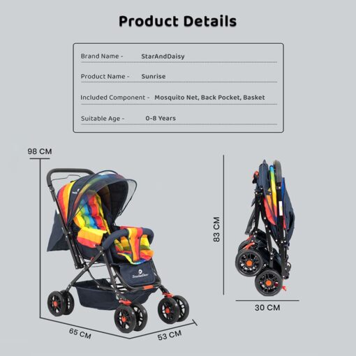 StarAndDaisy Sunrise Baby Stroller and Pram with Extended Mosquito Net and Ultra Soft Cushions & Reversible Handlebar (Rainbow Print) - Image 8