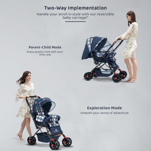 StarAndDaisy Sunrise Baby Stroller and Pram with Extended Mosquito Net and Ultra Soft Cushions & Reversible Handlebar (White Checks Print | Sigma) - Image 3