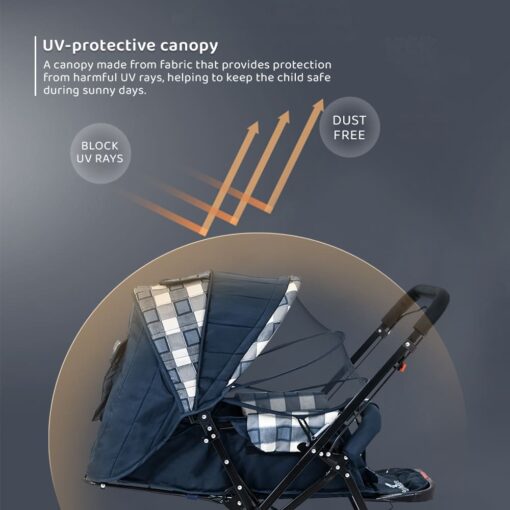 StarAndDaisy Sunrise Baby Stroller and Pram with Extended Mosquito Net and Ultra Soft Cushions & Reversible Handlebar (White Checks Print | Sigma) - Image 5