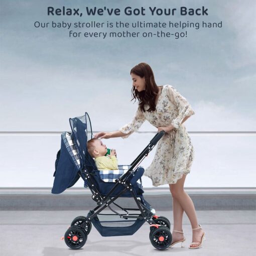 StarAndDaisy Sunrise Baby Stroller and Pram with Extended Mosquito Net and Ultra Soft Cushions & Reversible Handlebar (White Checks Print | Sigma) - Image 6