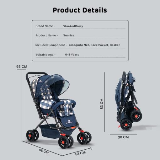 StarAndDaisy Sunrise Baby Stroller and Pram with Extended Mosquito Net and Ultra Soft Cushions & Reversible Handlebar (White Checks Print | Sigma) - Image 8