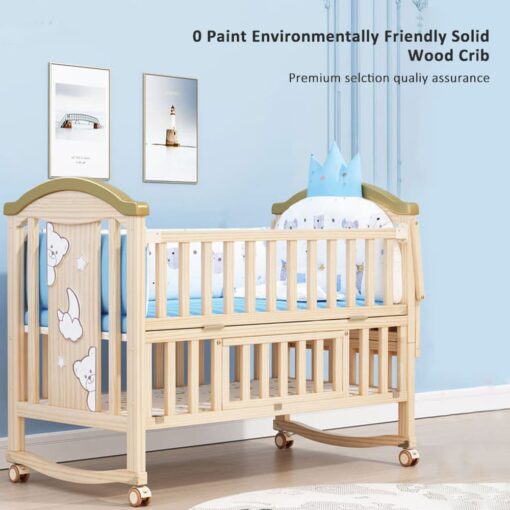 [Refurbished] StarAndDaisy 12 in 1 Baby Cot Crib, Mosquito Net and Adjustable Stand, Storage Space & Wheels (Natural Wood) - Image 5