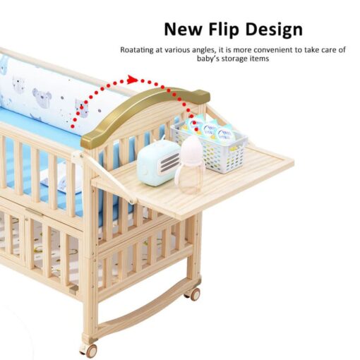 [Refurbished] StarAndDaisy 12 in 1 Baby Cot Crib, Mosquito Net and Adjustable Stand, Storage Space & Wheels (Natural Wood) - Image 6