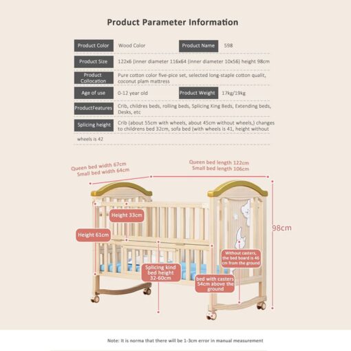 [Refurbished] StarAndDaisy 12 in 1 Baby Cot Crib, Mosquito Net and Adjustable Stand, Storage Space & Wheels (Natural Wood) - Image 8