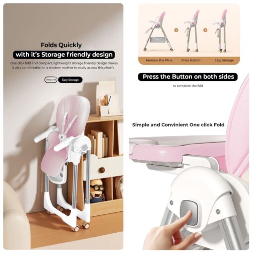 StarAndDaisy Galaxy Star Baby High Chair, Foldable Feeding Chair, Dining Chair for Baby with Height Adjustment - Pink - Image 5