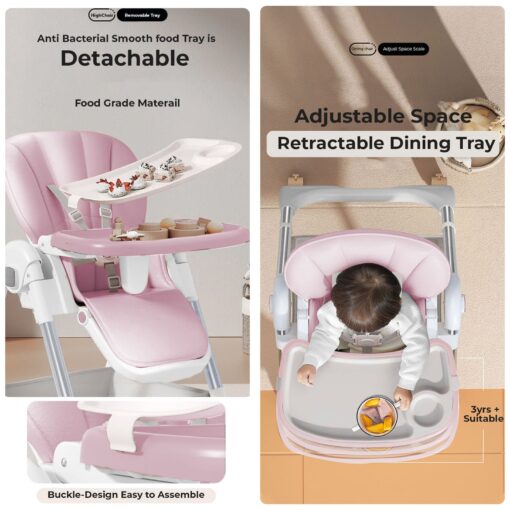StarAndDaisy Galaxy Star Baby High Chair, Foldable Feeding Chair, Dining Chair for Baby with Height Adjustment - Pink - Image 6