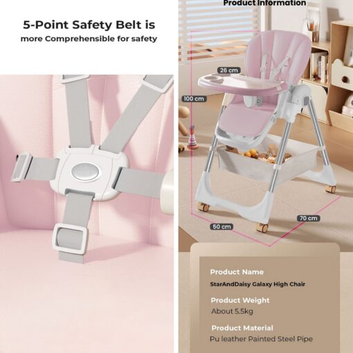 StarAndDaisy Galaxy Star Baby High Chair, Foldable Feeding Chair, Dining Chair for Baby with Height Adjustment - Pink - Image 8