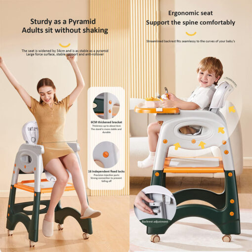 StarAndDaisy 6-in-1 Baby High Chair | CAT Design Multifunctional Infant Feeding Chair | Chair & Table for Toddler | With Backrest & Plate Adjustment (Orange White) - Image 3