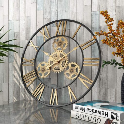 SND Home Decor Large Gear Wall Clock - Oversized 3D Steampunk Roman Numeral Wall Clock - Silent Retro Rustic Country Decorative Wall Clock for Living Room, Dining Room, Home, Farmhouse - Gold Black (40cm) - Image 6